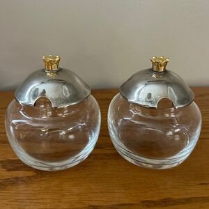 Set of 2 Glass and Metal‎ Condiment Jars Slotted Lid Silver Gold Trinket Jar